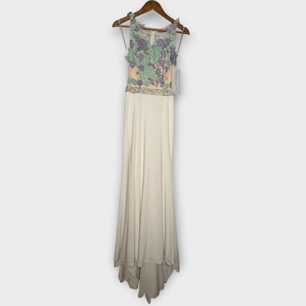 NEW Rachel Allan Prom Pageant Evening Gown Dress White Lavender Green Beads Sz 0